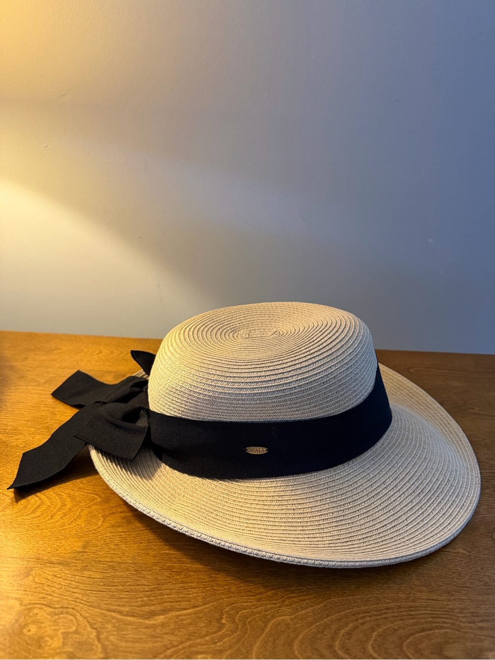 Scala Handmade Wide Brim Sun Hat Beige Black Ribbon Bow One Size Resort Beach